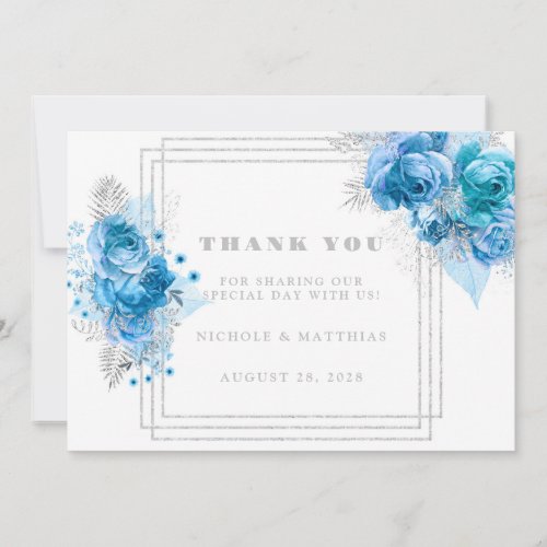 Dusty Blue Teal Silver Peony Thank You Cards