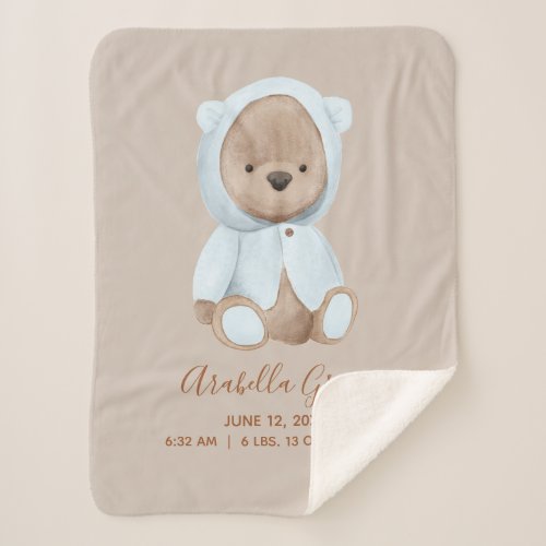 Dusty Blue Teddy Bear Baby Birth Stats Sherpa Blanket