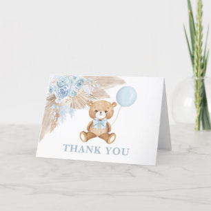 Dusty Blue Teddy Bear Balloon Baby Boy Folded Letterpress Thank You Card