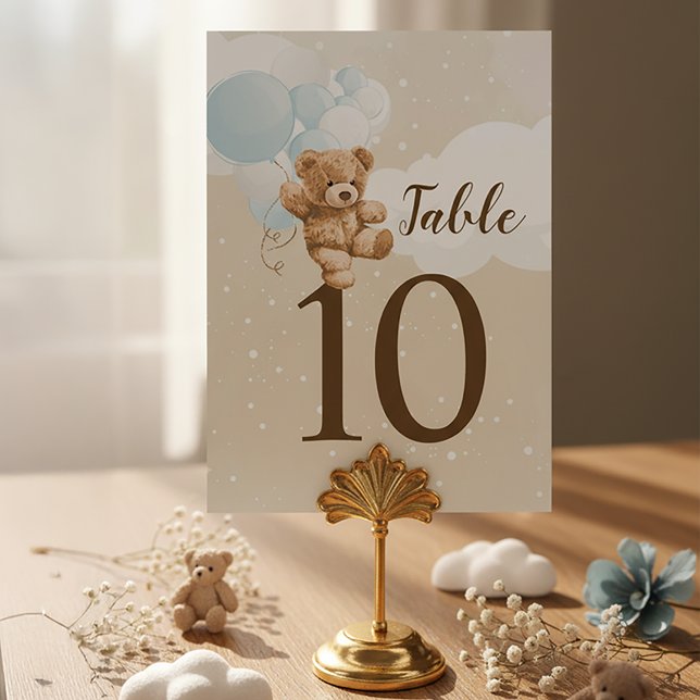 Dusty Blue Teddy Bear Balloon Baby Shower Table Number (Teddy Bear Baby Shower Table Number Cards | Dusty Blue Teddy Bear Baby Shower | Boy Teddy Bear)