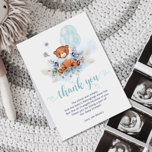 Dusty Blue Teddy Bear Balloon Boy Baby Shower Thank You Card