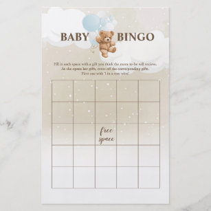 Dusty Blue Teddy Bear BINGO Baby Shower Games Flyer