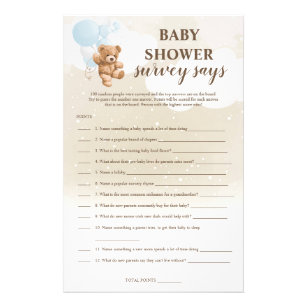 Dusty Blue Teddy Bear Survey Says Baby Shower Game Flyer
