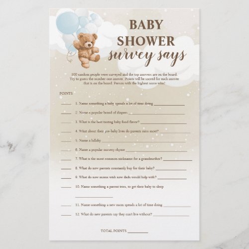 Dusty Blue Teddy Bear Survey Says Baby Shower Game Flyer