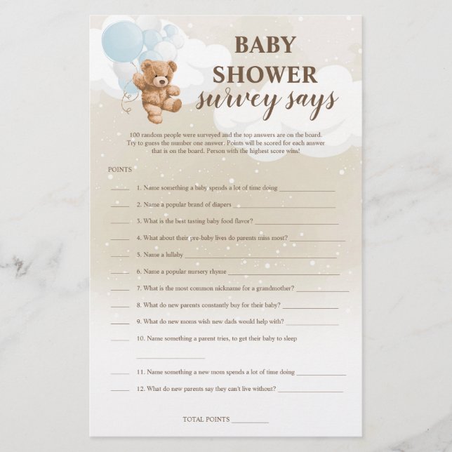 Dusty Blue Teddy Bear Survey Says Baby Shower Game Flyer (Front)