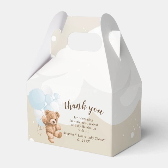 Dusty Blue Teddy Bear with Balloons Favor Boxes (Front Side)