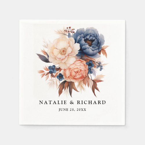 Dusty blue  Terracotta floral watercolor wedding Napkins