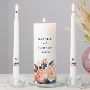 Dusty blue & Terracotta floral watercolor wedding Unity Candle Set