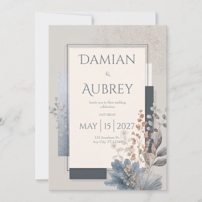 Dusty Blue Terracotta Geometric Botanical Wedding Invitation (Front)