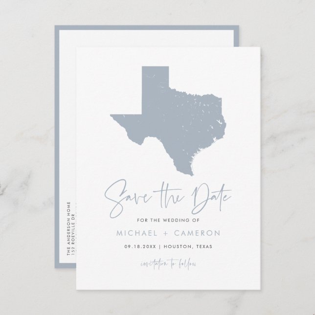 Dusty Blue Texas State Map QR Code Save the Date Announcement Postcard (Front/Back)