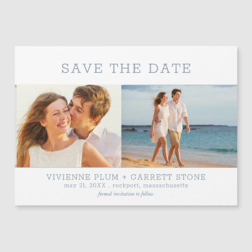 Dusty Blue Text 2 Photo Wedding Save the Date Magnetic Invitation