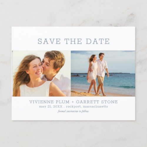 Dusty Blue Text 3 Photo Wedding Save the Date Announcement Postcard
