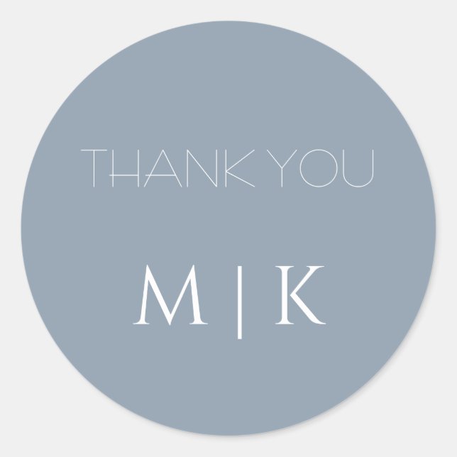 Dusty Blue Thank You Monograms Elegant Wedding Classic Round Sticker (Front)