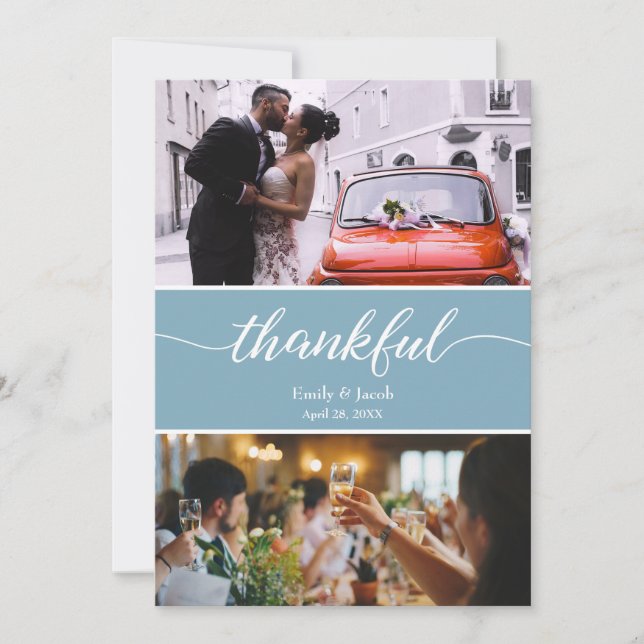 Dusty Blue Thankful Wedding Photos Thank You Card (Front)