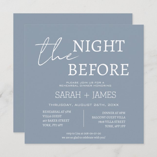 Dusty Blue the Night Before Rehearsal Dinner  Invitation (Front/Back)