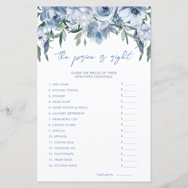 Dusty Blue The Price Is Right Bridal Shower Game (Front)