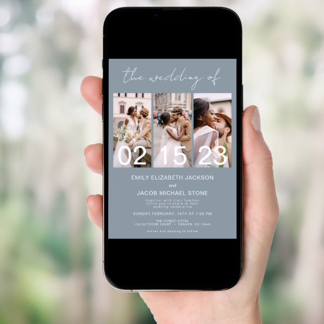 Dusty Blue The Wedding of Minimalist Photo Collage Invitation (Front Digital)
