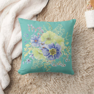 dusty blue throw pillow floral design light yellow