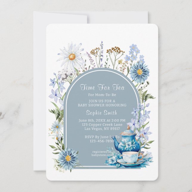 Dusty Blue Time For Tea Baby Shower  Invitation (Front)
