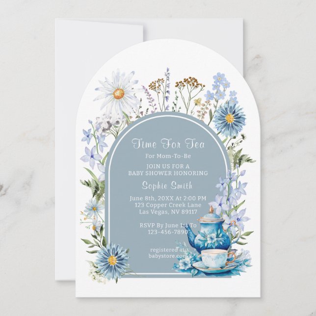 Dusty Blue Time For Tea Boho Garden Baby Shower  Invitation (Front)