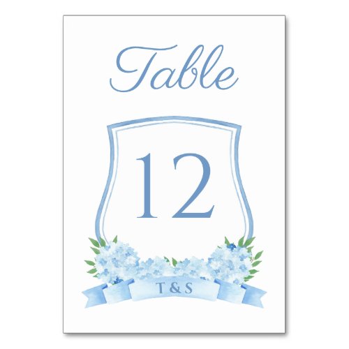 Dusty Blue Timeless Hydrangea Crest Wedding Table Number