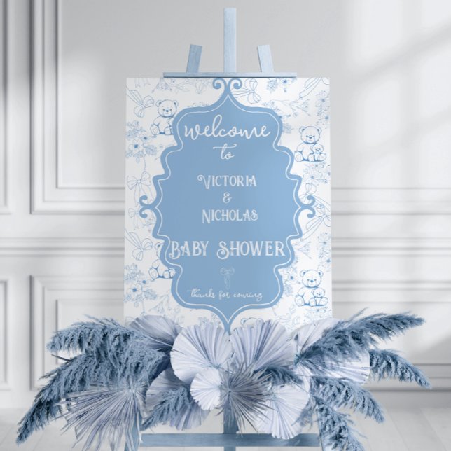 Dusty blue Toile Bear Baby Shower Welcome Sign (Creator Uploaded)