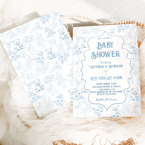 Dusty Blue Toile Bear Vintage Baby Boy Shower Invitation