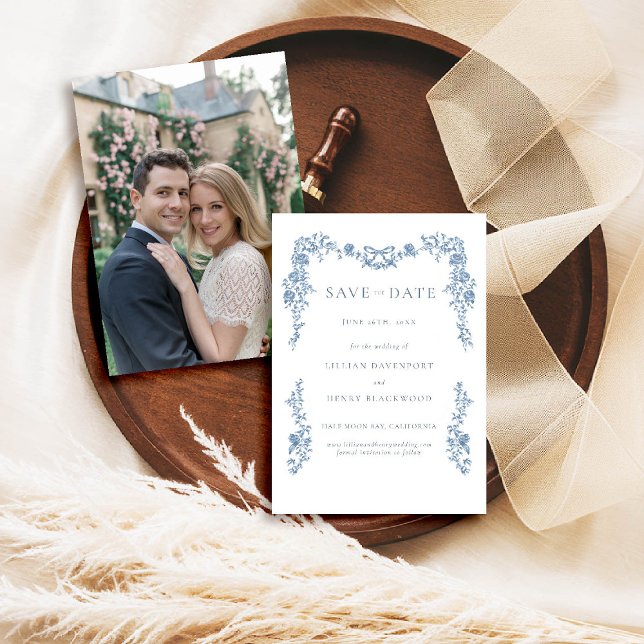 Dusty Blue Toile Chinoiserie Wedding Save Date Invitation (dusty blue wedding save date toile de jouy chinoiserie french vintage floral frame formal modern)
