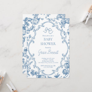 Dusty Blue Toile de Jouy Baby Shower Invitation
