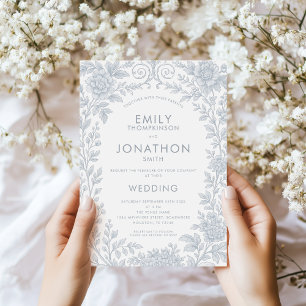 Dusty Blue Toile De Jouy Border QR Code Wedding Invitation