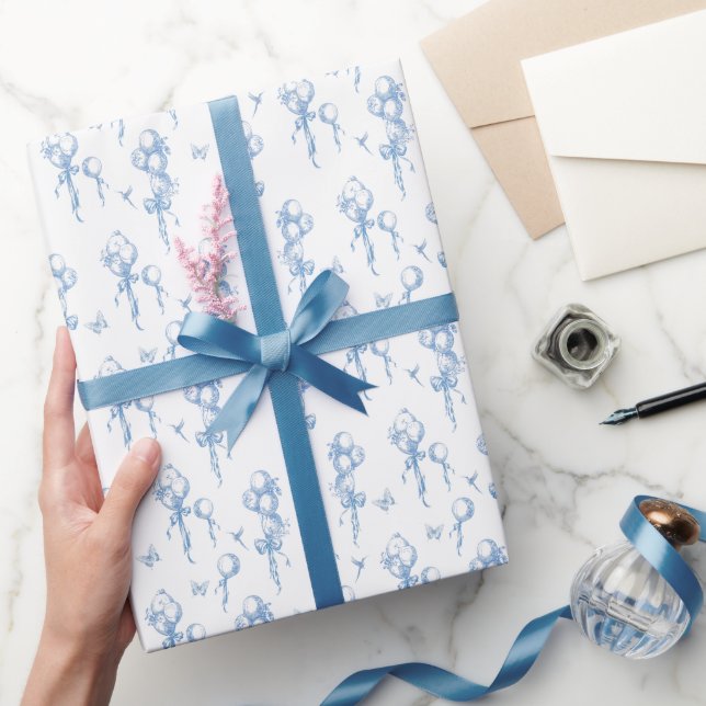 Dusty Blue Toile Elegant Balloon Baby Boy Wrapping Paper (Gifting)