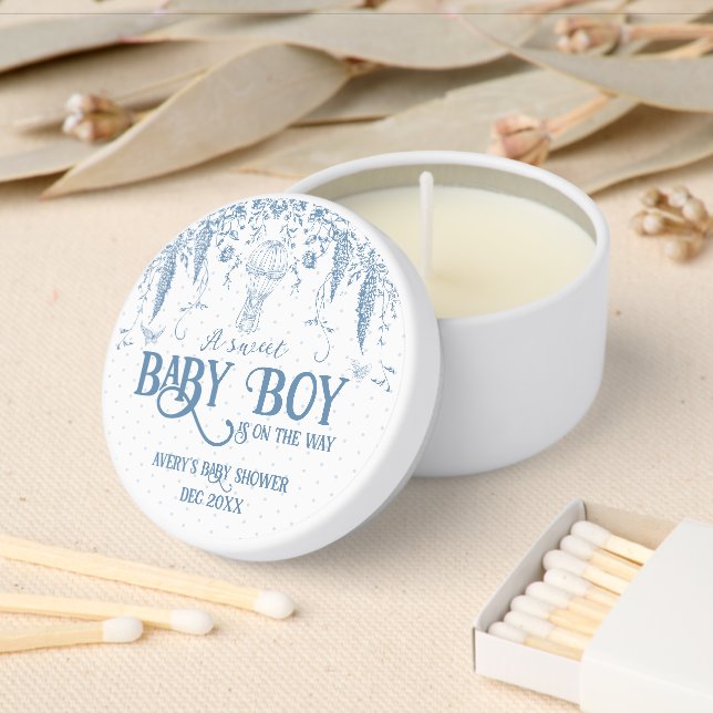 Dusty Blue Toile Elegant Classic Boy Baby Shower Mini Candle Favors (Insitu)