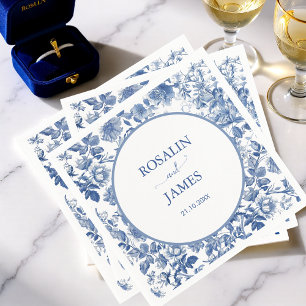 Dusty Blue Toile Floral Personalized Wedding Napkins