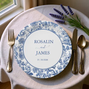 Dusty Blue Toile Floral Personalized Wedding Paper Plates