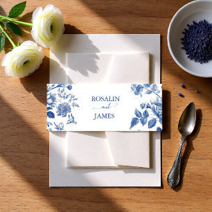 Dusty Blue Toile Floral Wedding Invitation Belly Band