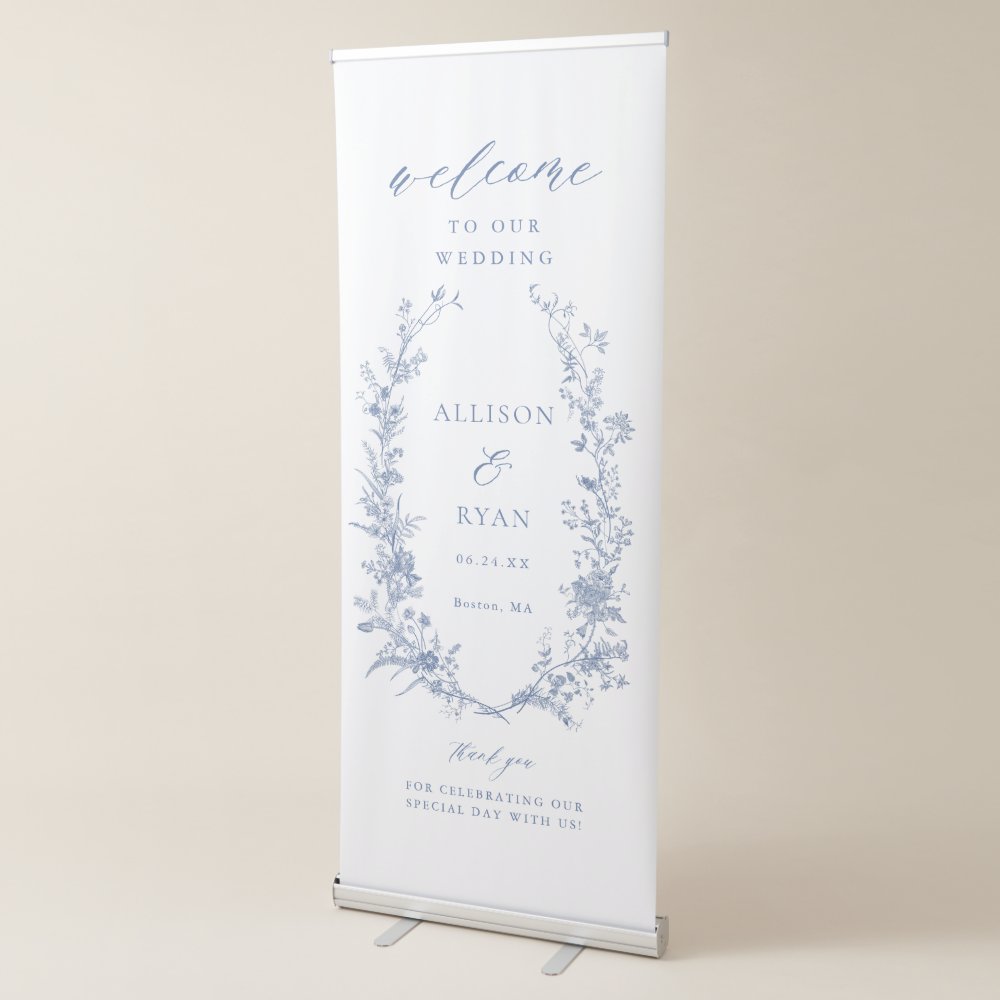 Disover Dusty Blue Toile French Floral Wedding Welcome Retractable Banner