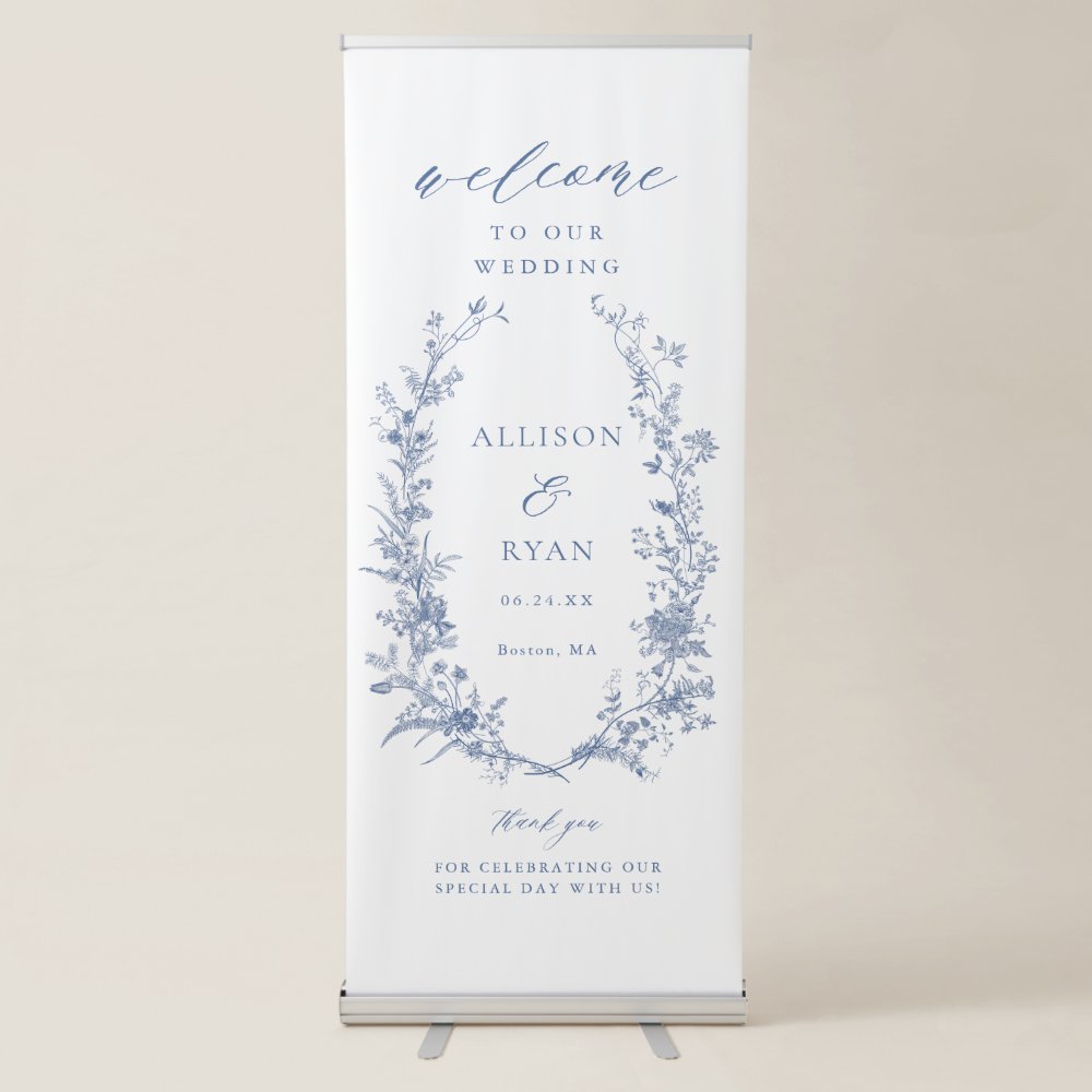 Disover Dusty Blue Toile French Floral Wedding Welcome Retractable Banner