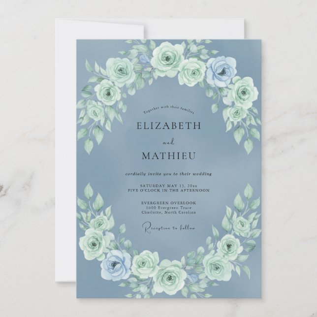 Dusty Blue Tranquil Botanical Wedding Invitation (Front)