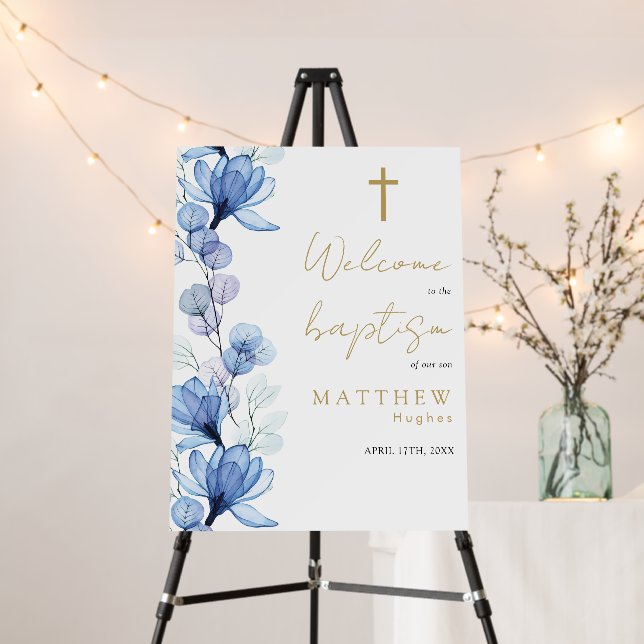 Dusty Blue Transparent Floral Baptism Welcome Sign (In Situ (Stand))