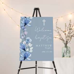 Dusty Blue Transparent Floral Baptism Welcome Sign