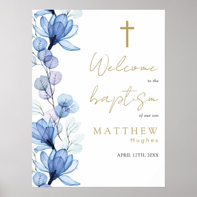 Dusty Blue Transparent Floral Baptism Welcome Sign (Front)