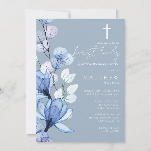 Dusty Blue Transparent Floral First Holy Communion Invitation (Front)