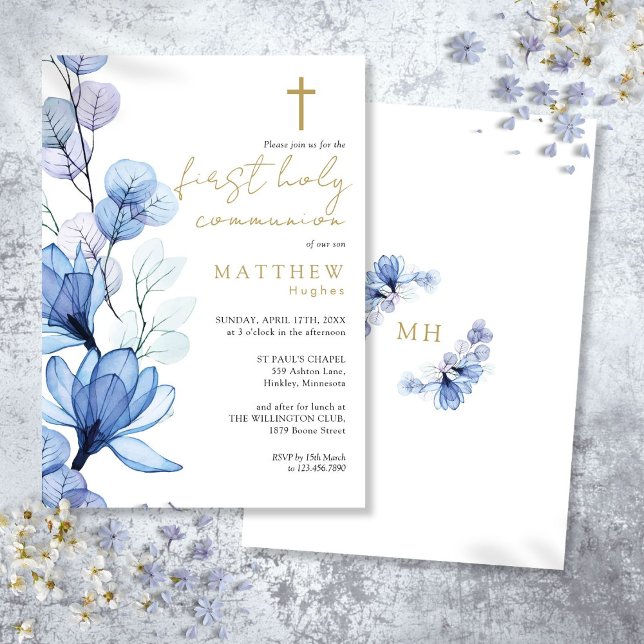 Dusty Blue Transparent Floral First Holy Communion Invitation (Dusty Blue Transparent Floral First Holy Communion Invitation)