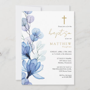 Dusty Blue Transparent Floral Monogram Baptism Invitation