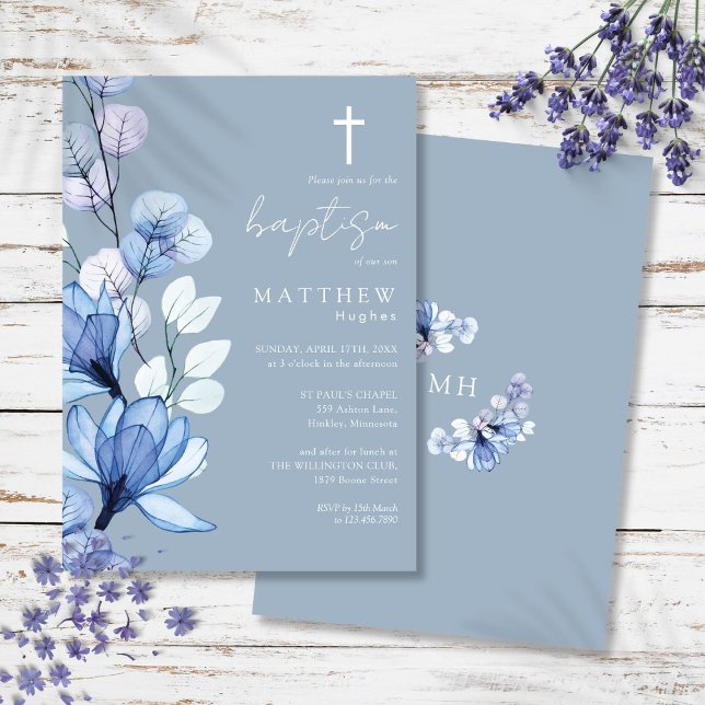Dusty Blue Transparent Floral Monogram Baptism Invitation (Dusty Blue Transparent Floral Monogram Baptism Invitation)