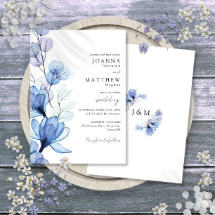 Dusty Blue Transparent Floral Monogram Wedding Invitation