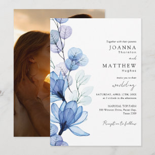 Dusty Blue Transparent Floral Photo Wedding Invitation