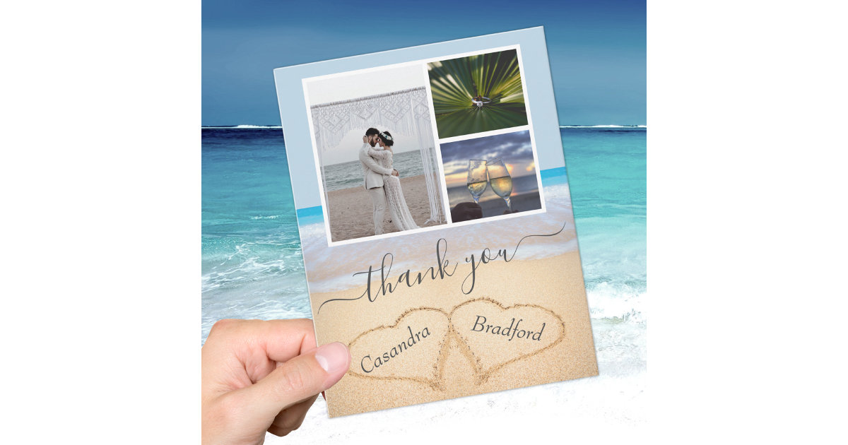 Dusty Blue Tropical Beach Hearts in Sand Wedding Thank You Card | Zazzle