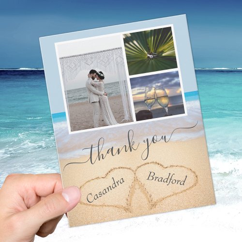 Dusty Blue Tropical Beach Hearts in Sand Wedding Thank You Card