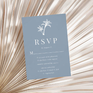Dusty Blue Tropical Beach Palm Tree Wedding RSVP Card
